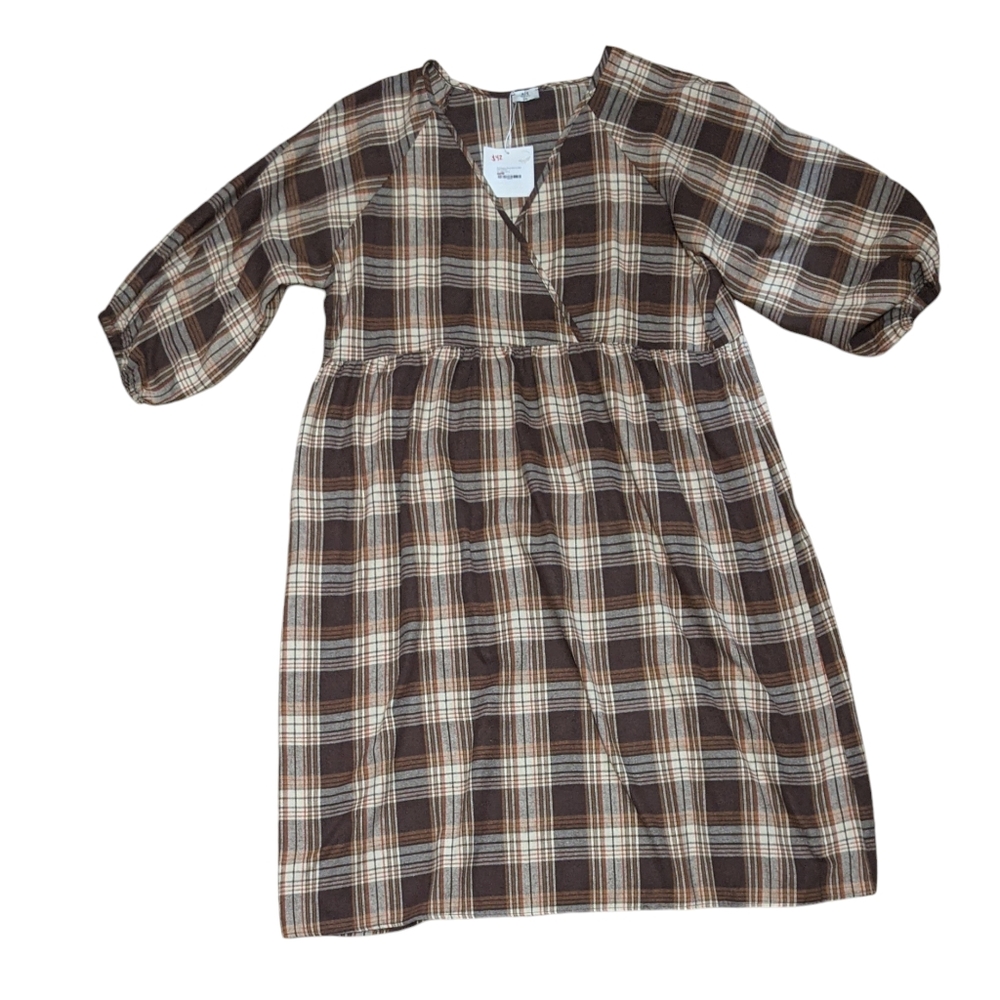 Plaid Midi Dress in Brown and Cream - Women Dresses Midi 2X